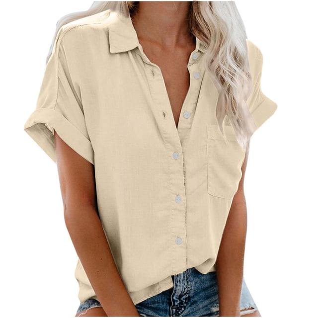 Timegard Womens Tops Button down Short Sleeve Lapel V-Neck Top Summer Casual Shirts with Pockets Blouse