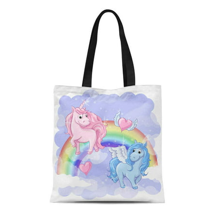 ASHLEIGH Canvas Tote Bag Colorful Fantastic Pegasus and Unicorn Rainbow Hearts Wings Pink Reusable Shoulder Grocery Shopping Bags Handbag