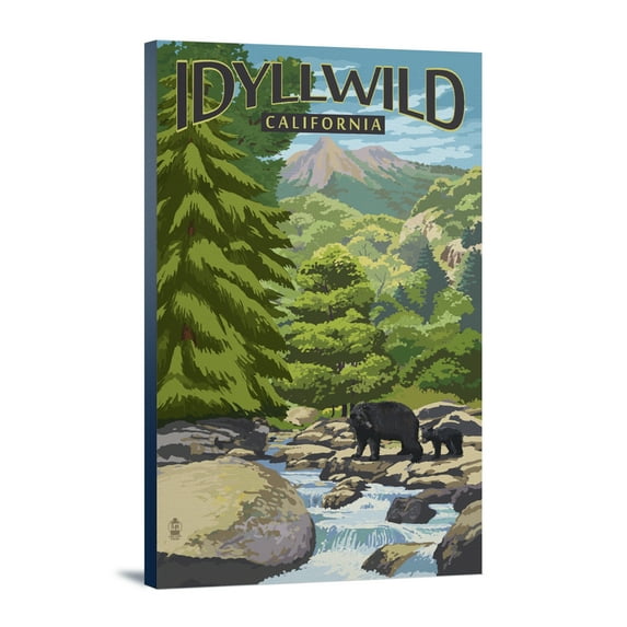 Idyllwild, California, Black Bears and Stream, (12x18 Wrapped Canvas, Wall Decor, Artwork)