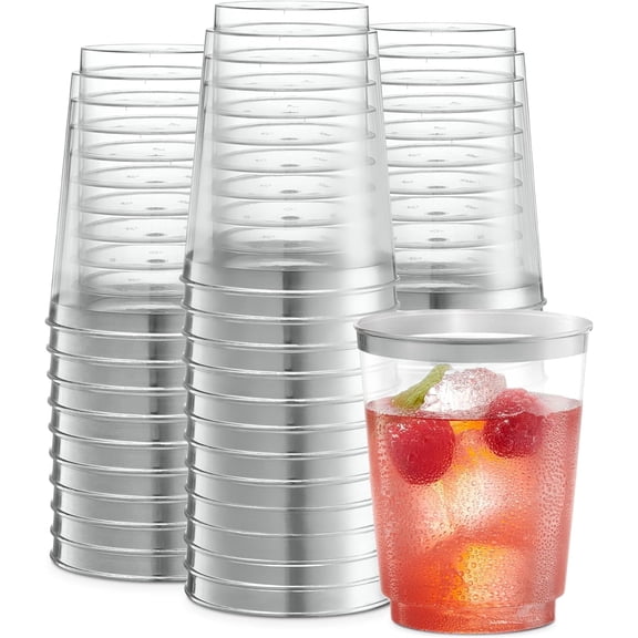 PLASTICPRO 10 Oz Silver Rimmed Disposable Cups Plastic Tumblers Party Cups, 50-Pack