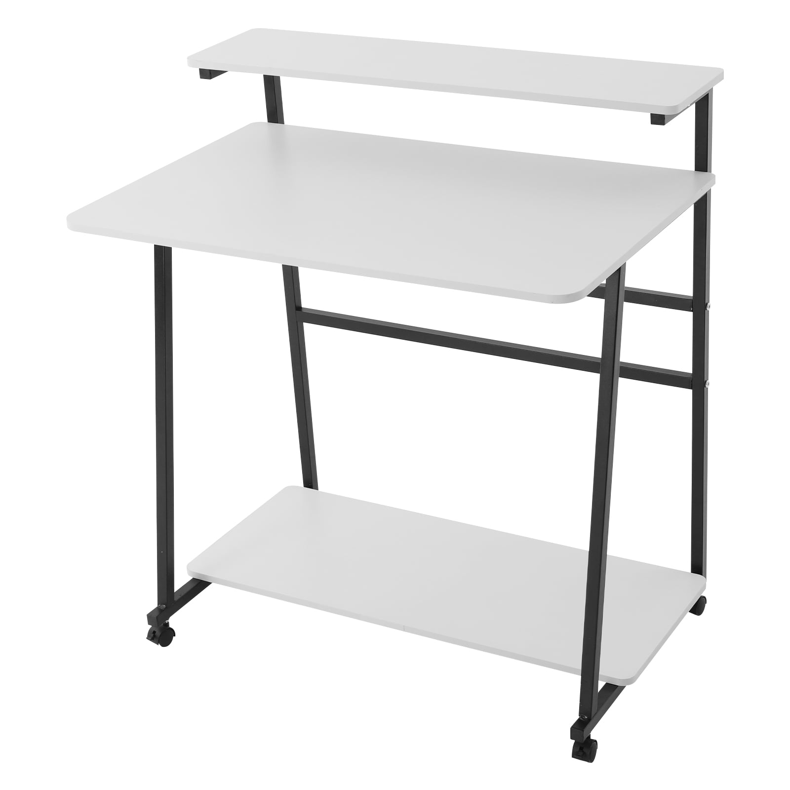 Free Standing Home Office Desk, Rolling 3-Tier Computer Desk (Black+ White)