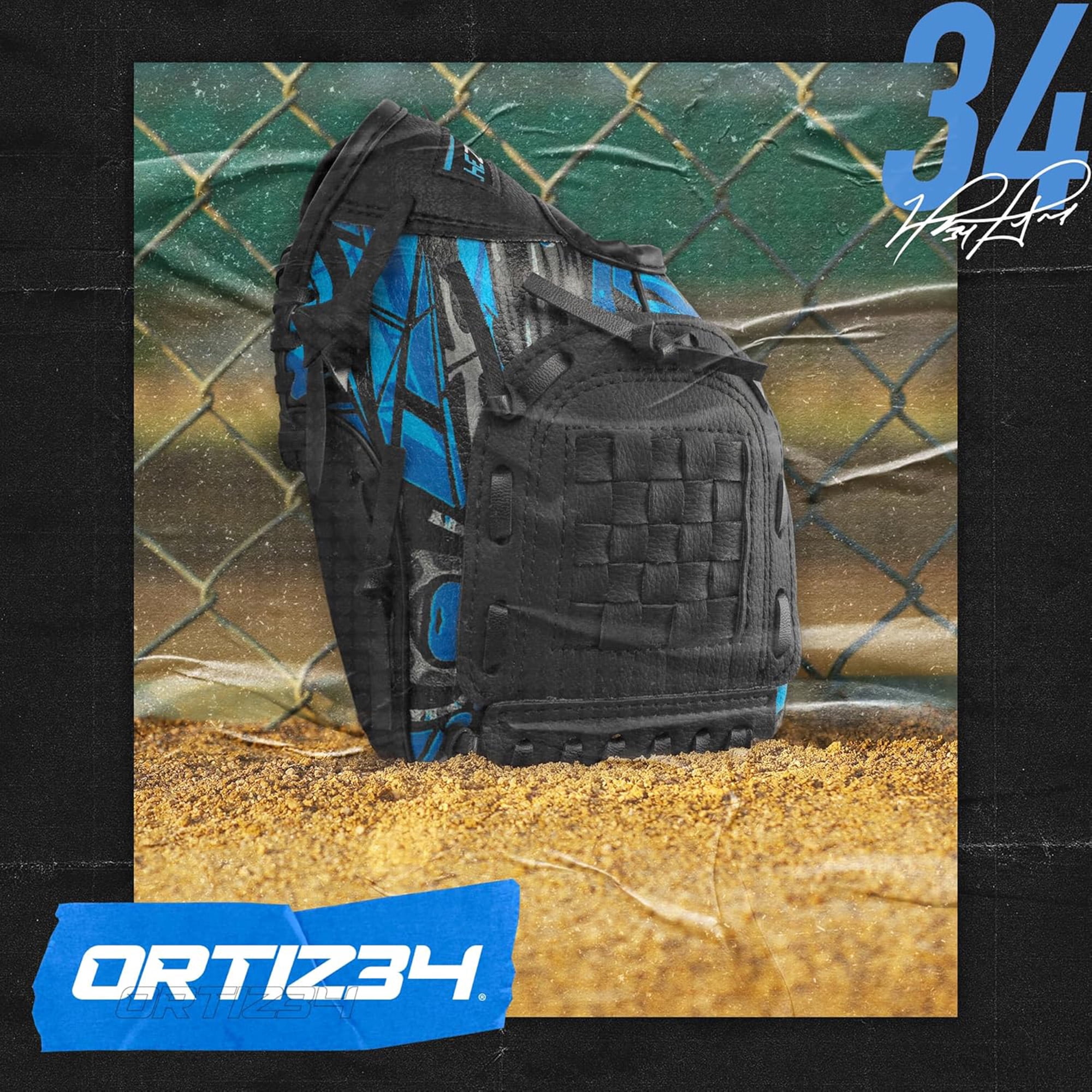 Ortiz34 9" Graffiti Youth T-Ball Baseball Glove, Right Hand Throw, Easy Close, No Break-In, Lightweight, Black/Blue