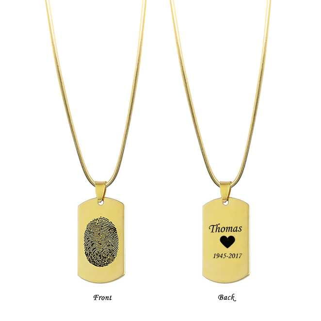 Personalized Actual Thumb Print Loved One Rectangle Dog Tag Stainless Steel Keepsake Pendant Engravable Necklace with Gift Box [Gold]