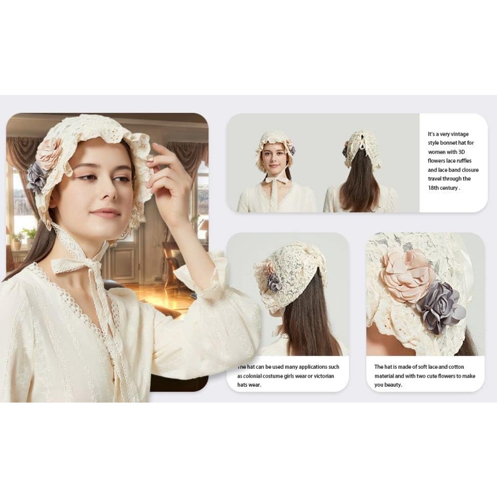 Women's Colonial Bonnet Cap Vintage Costume Accessory Lolita Hat Cute