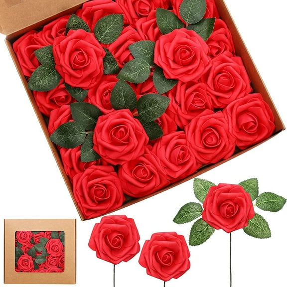 3" Artificial Rose Flowers, Boriyuan 30 Pcs Artificial Flowers Foam Fake Roses with Stem for Decoration DIY Wedding Bouquets Centerpieces Bridal Shower Party Valentine's Day Christmas Xmas (Red)