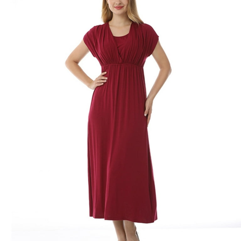 IROINNID Maternity Dress Bump Friendly Dress,Short Sleeve and Round Neck  Maxi Solid Color Dress - Walmart.com