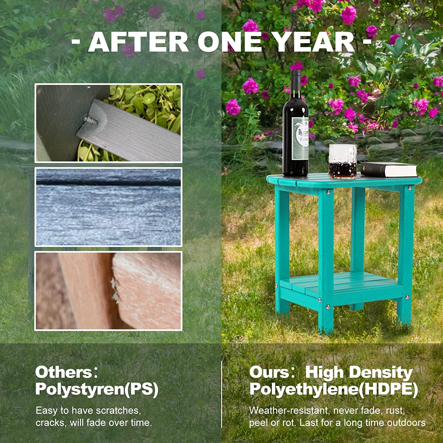 Nalone Adirondack Side Table 16.5" Outdoor Side Table HDPE Plastic Double Adirondack End Table Small Table for Patio (Aruba)