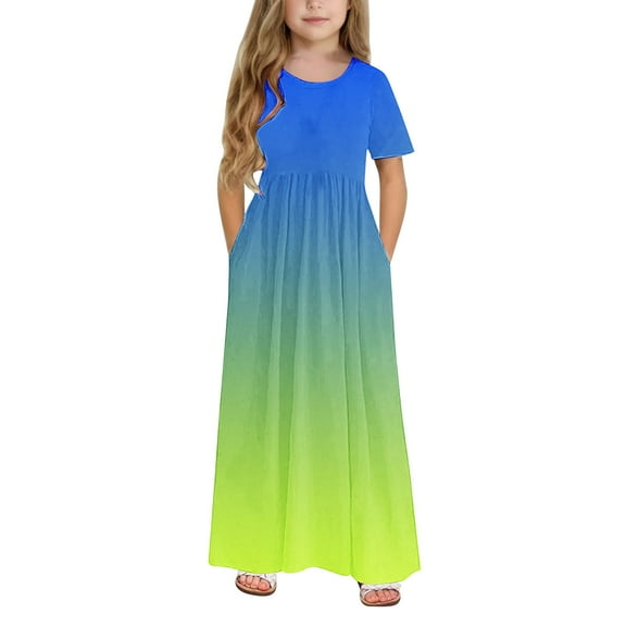 Hrsba Kids Summer Dress,Casual Dress for Girls,Toddler Kids Girls Cute Gradient Print Short Sleeve Stretchy Pocket Dress A Line Long Dress