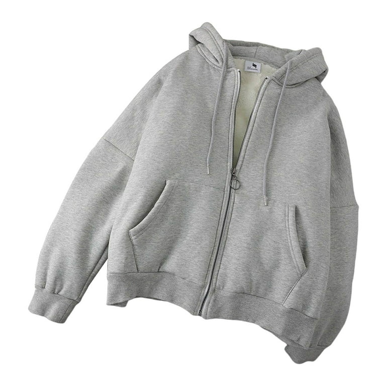 CKLC Women's Hoodie Drawstring Hood Thin Fleece Lined Jacket with Pocket Front Zipper M Light Grey, Size: Medium, Gray