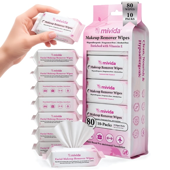 mivida Mini Makeup Remover Wipes, Individually Wrapped, Vitamin E, Fragrance-Free, 80 Count