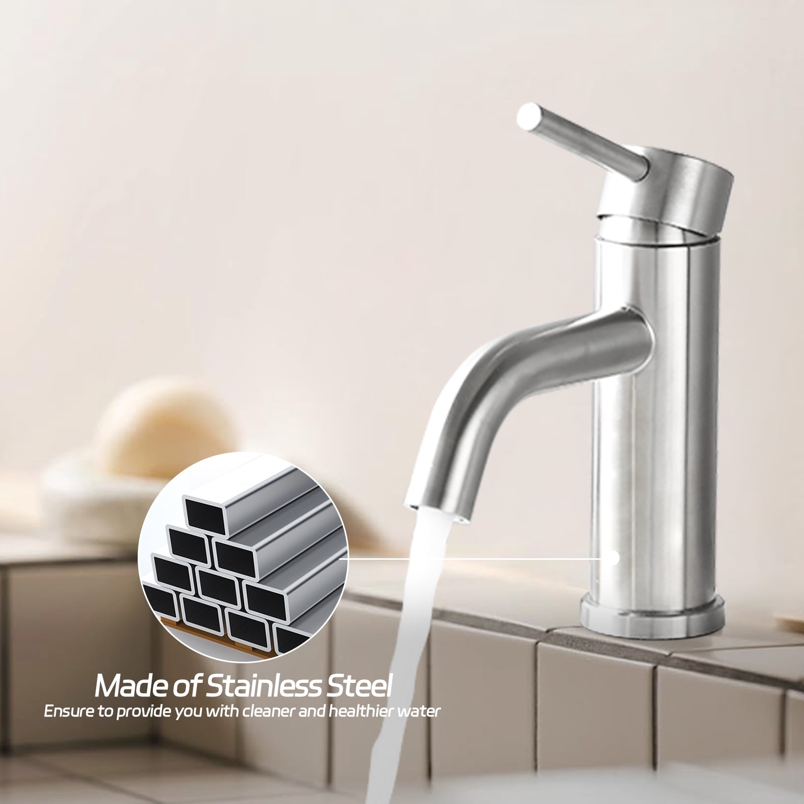 Premium Modern Bathroom Faucet,Single-hole vanity mount design,Streamlined contemporary styling,Ideal for modern bathroom vanities and sinks,Easy installation,Brushed Nickel