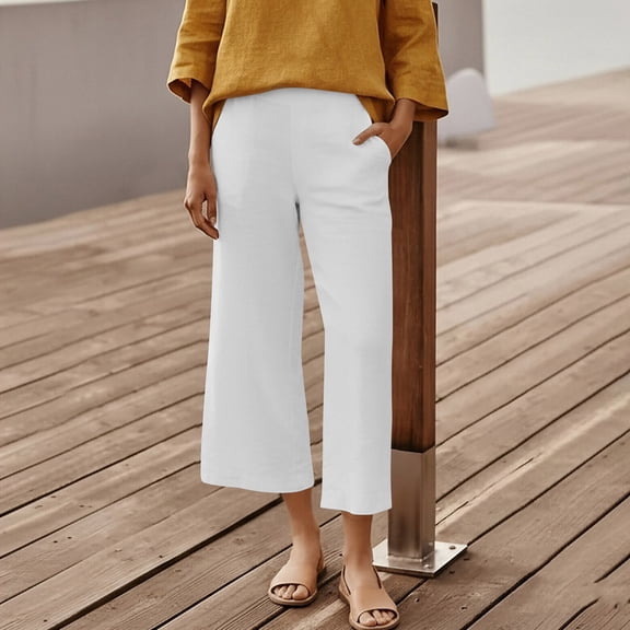 Simua Women's Spring Summer Linen Cotton Straight Cropped Pants Elastic Waist With Pockets Casual Daily Comfortable Women's Trousers