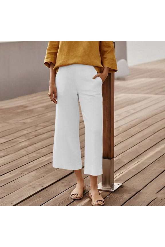 Wide Leg Ankle Pants Women Straight Leg Trousers Pockets Elastic Waist Solid Color Casual Pants