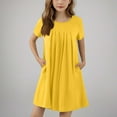 thumbnail image 5 of BRGZLK Girl's Summer Dresses Cute Solid Color Short Sleeve Round Neck Pleated Front Swing Flowy Midi Dress with Pockets Yellow 12-13 Years, 5 of 6