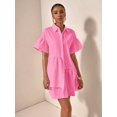 thumbnail image 6 of Pink Solid Front Button Ruffle Hem Short Sleeve Shirt Dress For Women, 6 of 8
