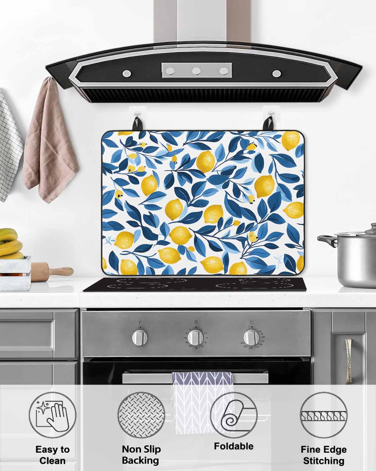 nqOlkjepod Large Induction Cooktop Protector Mat 36"x21", Lemon Stove Top Covers for Electric Stove, Summer Fruit Spring Leaf Watercolor Pastoral Stove Burner Cover Mats, Glass Top Stove Cover