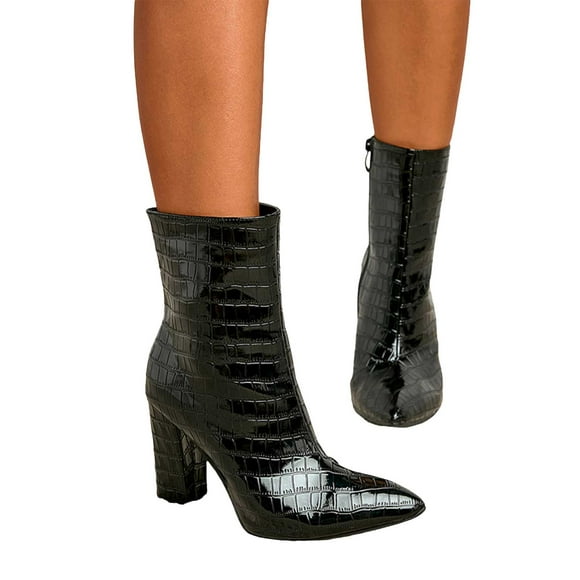 High Heels Dressy Boots for Women Ladies Fashion Patent Leather Pumps Mid Calf Dress Boots with Side Zipper