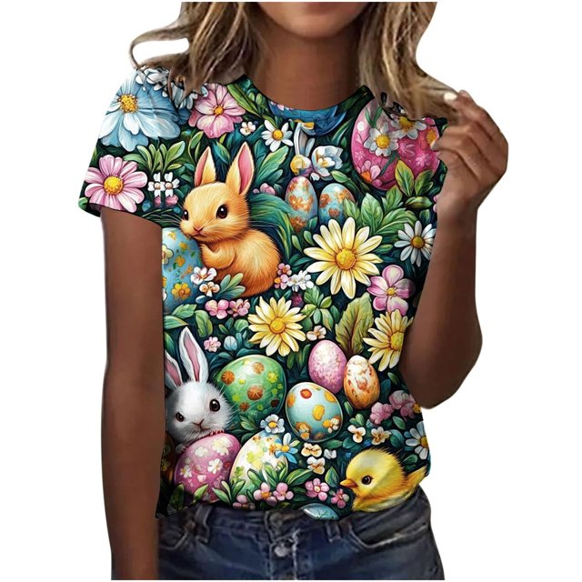 Pisexur Hauts pour Femmes Blouses Décontractées Élégantes Imprimé de Pâques Manches Courtes Col Rond, Grande Taille Multicolore,L
