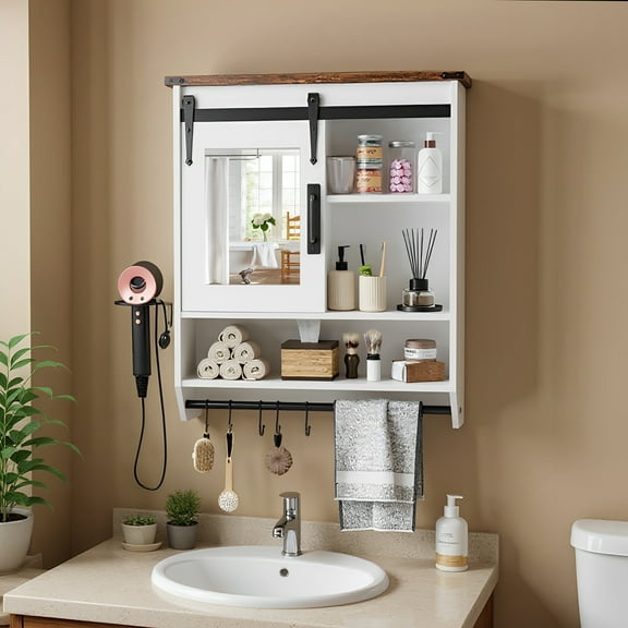 Bathroom Wall Cabinet, Farmhouse Medicine Cabinets with Mirror & Sliding Door, Wall Mounted Storage Cabinet with Adjustable Shelf and Towel Bar, for Bathroom, Living Room, Kitchen, White