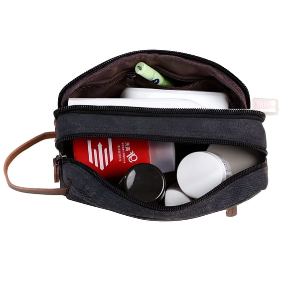 GASTROPOD Mens Travel Toiletry Bag with Double Compartments Canvas Leather Cosmetic Makeup Organizer Shaving Dopp Kits-Black