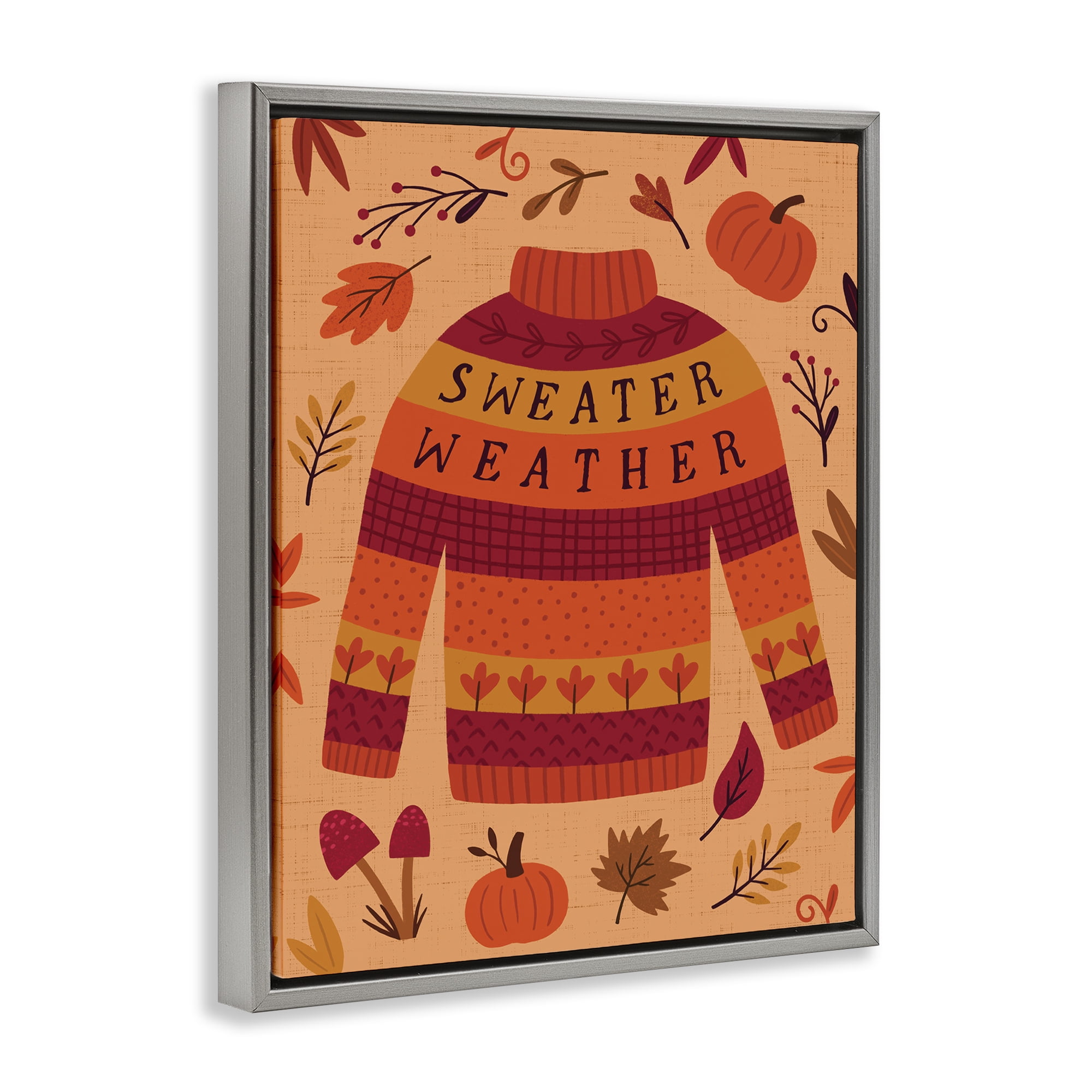 Stupell Industries Sweater Weather Cozy Fall Holiday Painting Gray Floater Framed Canvas Art Print Wall Art, 25 x 31