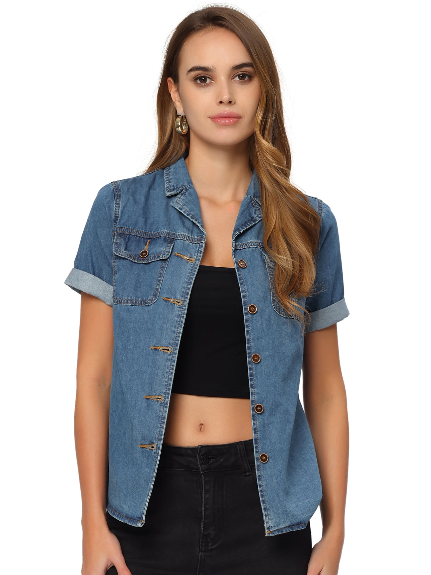 DARING DIVA Women's Denim Collared Short Sleeve Chest Pocket Button Up Shirt XL Blue