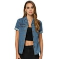 thumbnail image 3 of DARING DIVA Women's Denim Collared Short Sleeve Chest Pocket Button Up Shirt S Blue, 3 of 6