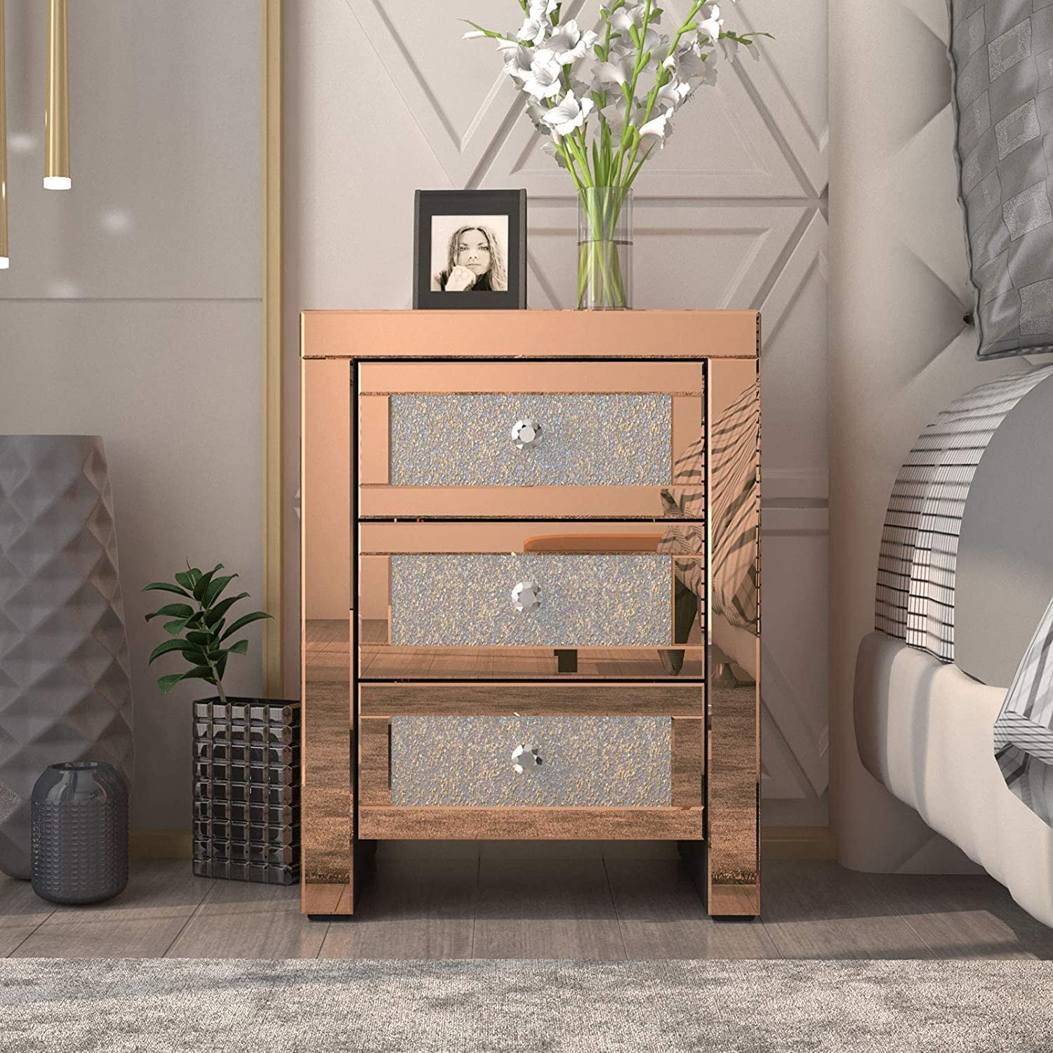 Details about   Crystal Nightstand with 2-Drawers Mirrored Accent Table Sofa End Side Table 
