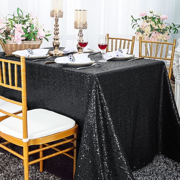 Wedding Linens Inc. 90'' x 156" Rectangular Sequin Taffeta Tablecloth - Black