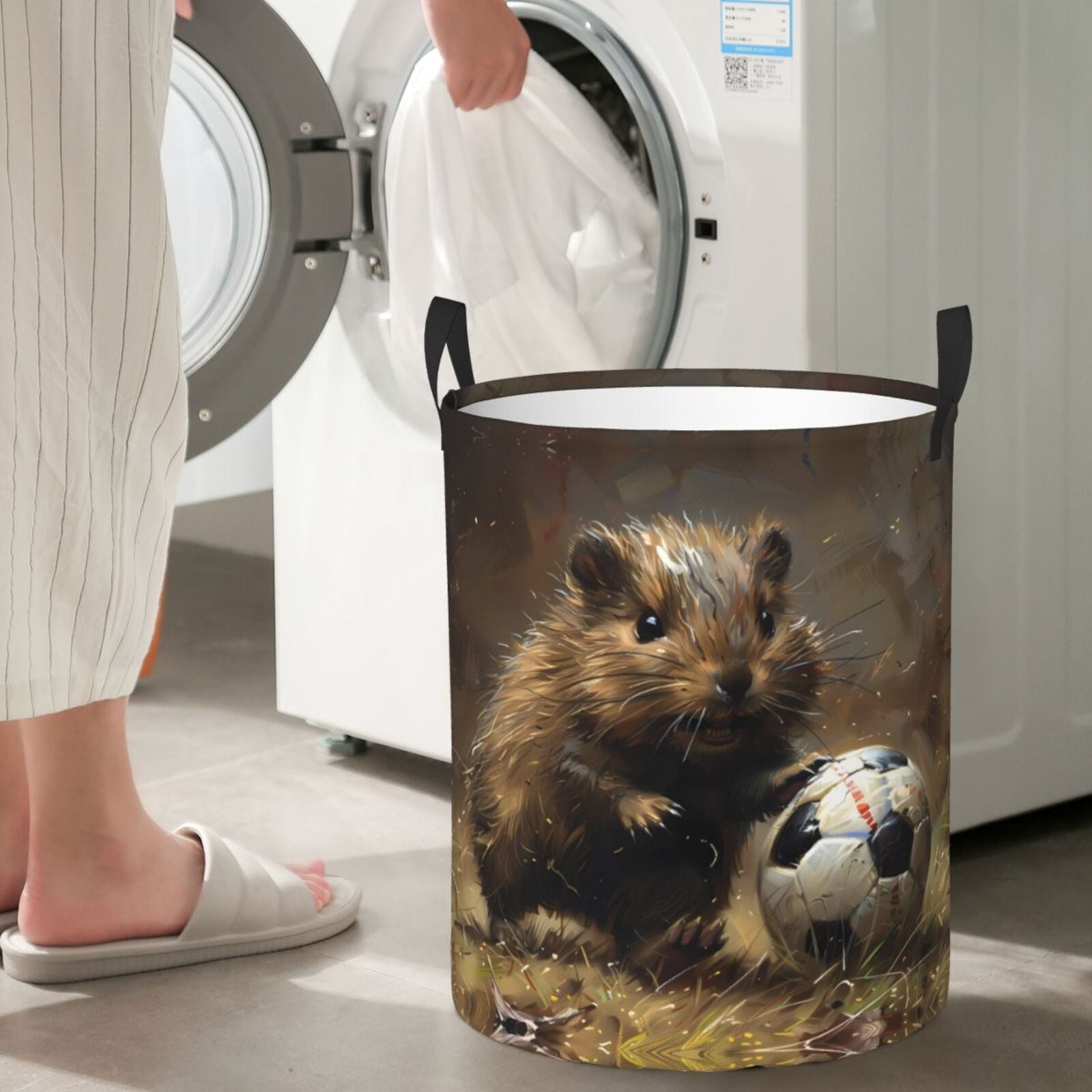 Large Laundry Basket with Handles - Football Loving Hamster Kids Baby Dirty Clothes Laundry Hamper for Bedroom Aesthetic