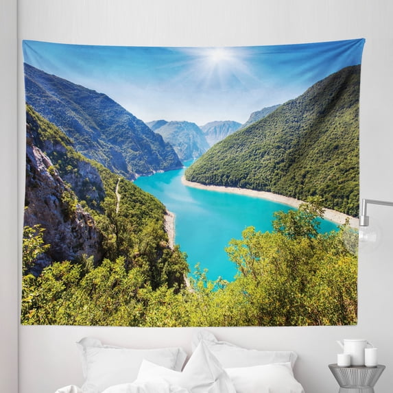 River Tapestry, Piva Canyon Reservoir Montenegro Balkans Europe Sunlights, Fabric Wall Hanging Decor for Bedroom Living Room Dorm, 5 Sizes, Forest Green Sky Blue, by Ambesonne