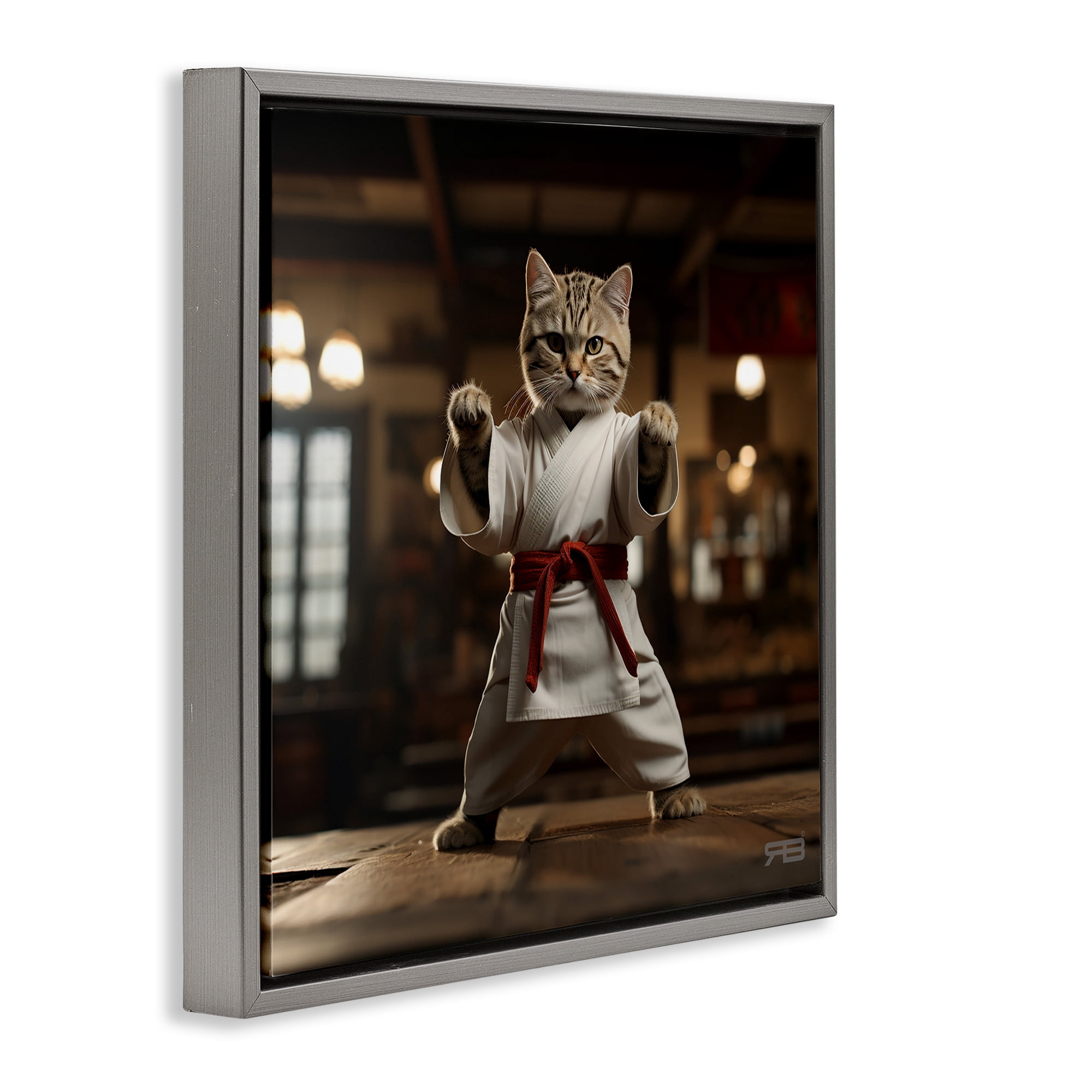 Stupell Industries Martial Arts Cat Novelty Painting Gray Floater Framed Canvas Art Print Wall Art, 25 x 25