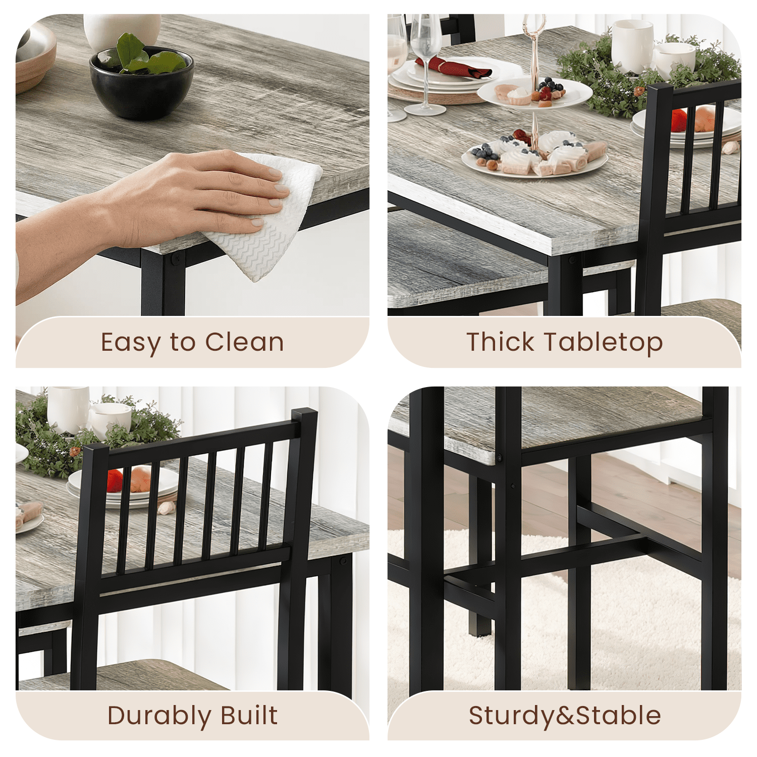 Lamerge 3 Piece Dining Table Set, Rustic Kitchen Table and Chairs Set, Thickened Solid Wood Carbon Plate, Breakfast Table Set for Small Spaces, Dining Room, Kitchen, Rustic Gray