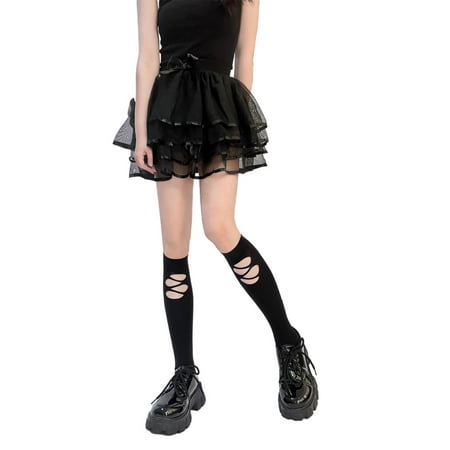 

Women Lolita Knee High Socks Asymmetrical Distressed Ripped Hole Calf Stockings