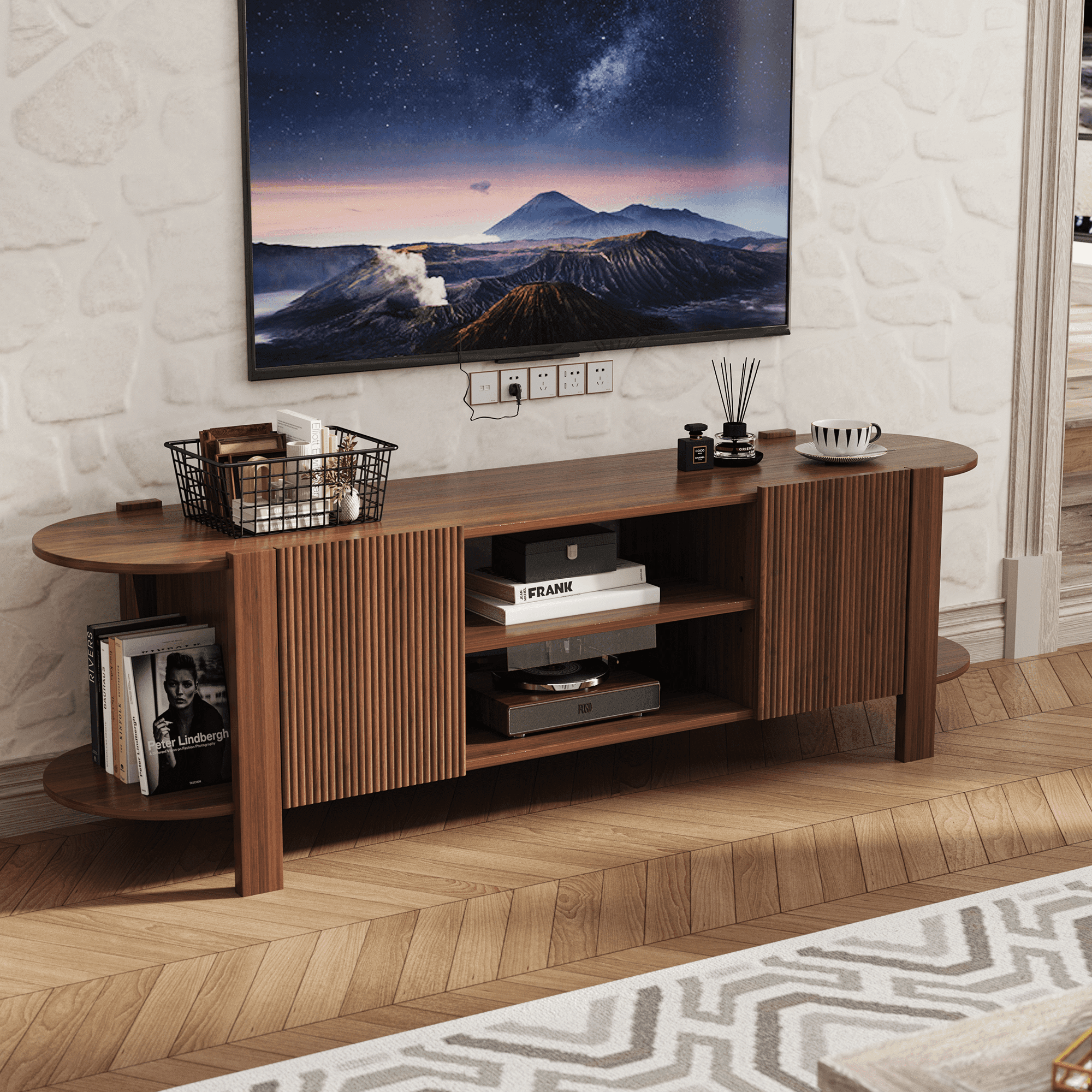 ZOSQUARE 65 inch TV Stand for TVs up to 75", Walnut Entertainment Center with Fluted Doors and Open Shelves, Wood TV Console with Rounded Edges for Living Room