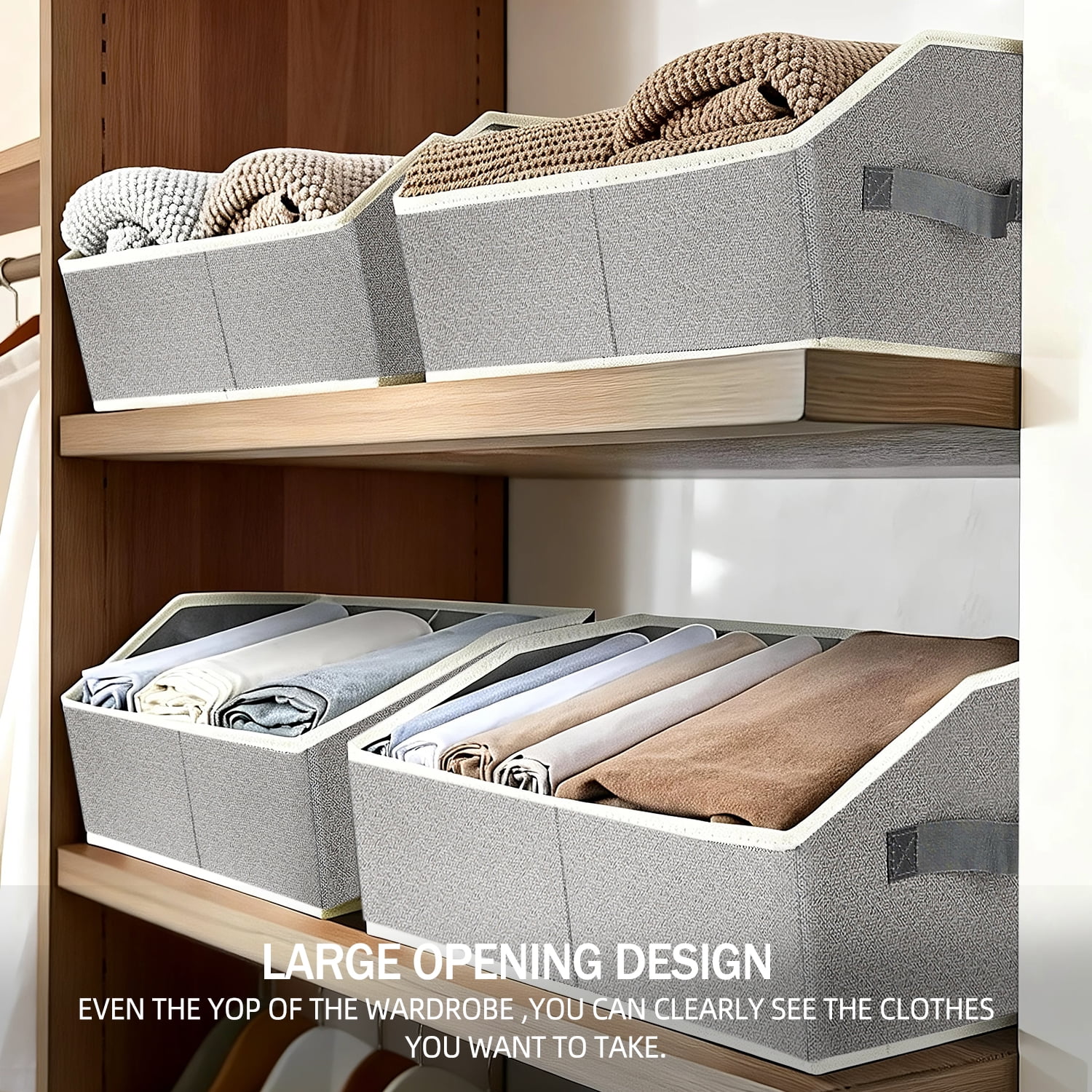 TAIMASI 6 Pack Closet Organizers Bins, Large Trapezoid Closet Shelf Organizer with Handles, Fabric Storage Bins, Collapsible Storage Cubes for Clothes, Towels - Light Gray