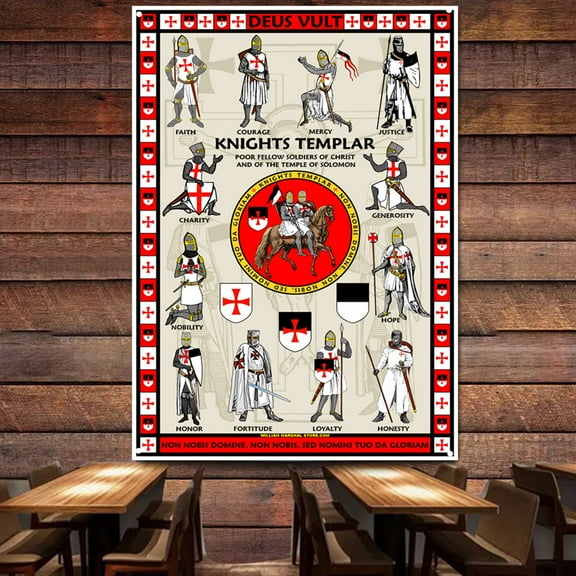 Knights Templar Banner Wall Hanging Flag Vintage Crusaders Armor Warrior Wall Art Posters Canvas Painting Bedroom Living Room Home Decor Tapestry38" x 57"