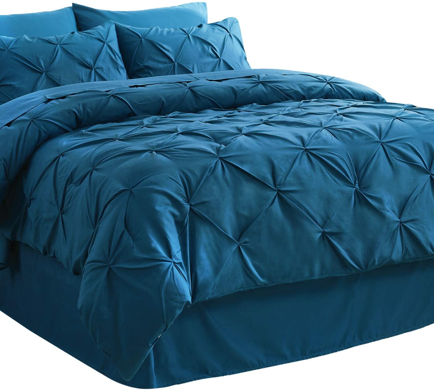Bedsure Teal Comforter Set King 7 Pieces Pintuck King Size Bed in A