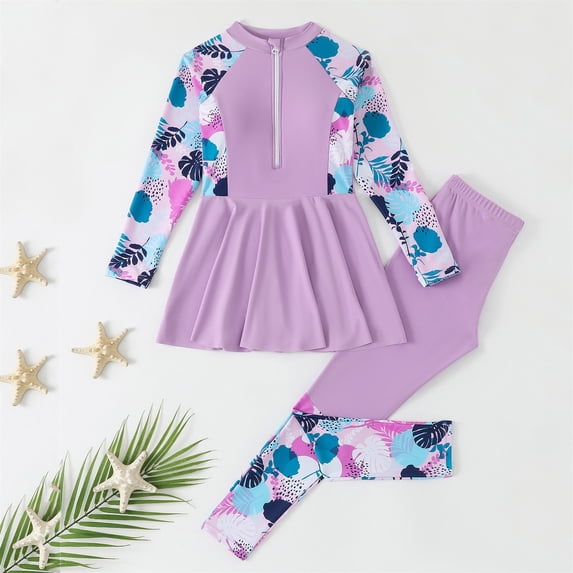REDARER Girls 2 Piece Modest Rash Guard Set with Tropical Leaf Print, Zip-Up & Pants UPF 50+,8-9 Years