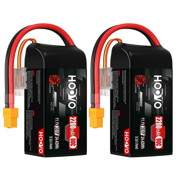 HOOVO Batterie Lipo 3S, 2200mAh 80C 11.1V Pack de Batterie Lipo Court, Étui Souple avec Connecteur XT60 Compatible avec Drone RC Avion Hélicoptère Quadricoptère FPV RC Voiture, 2 Pack