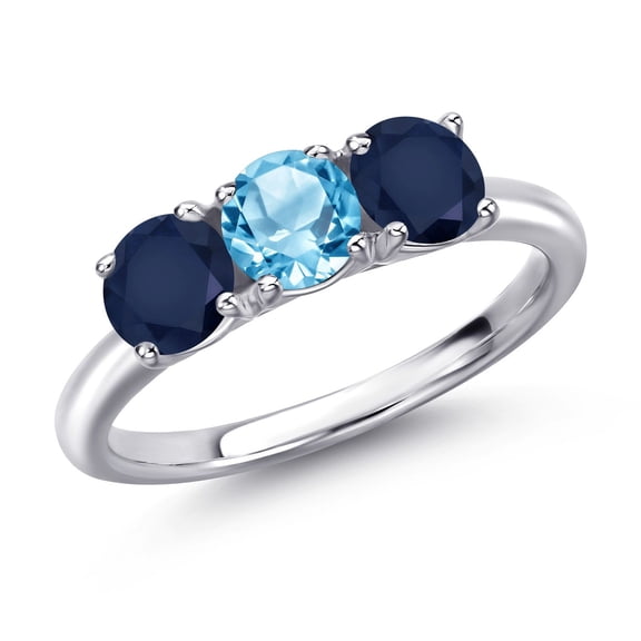 Gem Stone King 925 Sterling Silver Swiss Blue Topaz and Blue Sapphire Engagement Ring for Women | 1.85 Cttw | Round 5MM | Gemstone November Birthstone | Size 6
