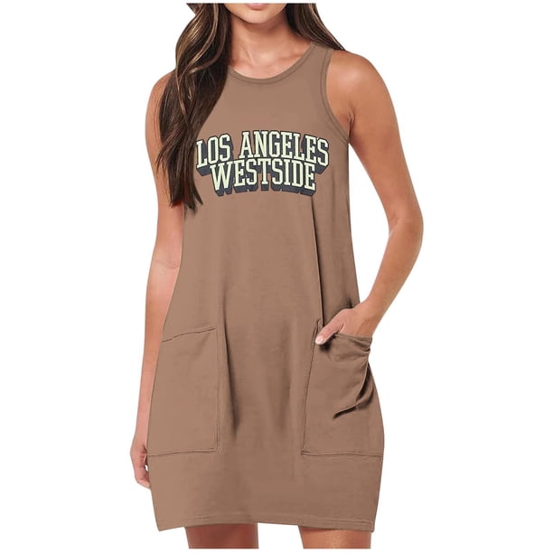 Vestido de Verano para Mujeres, Vestido de Cuello Redondo sin Mangas de Bolsillo de Impresión de Moda Casual Hecha de 95% Poliéster 5% Spandex para Primavera Verano, Vestido Sexy para Mujeres