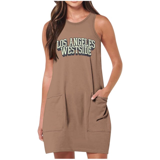 Vestido de Verano para Mujeres, Vestido de Cuello Redondo sin Mangas de Bolsillo de Impresión de Moda Casual Hecha de 95% Poliéster 5% Spandex para Primavera Verano, Vestido Sexy para Mujeres