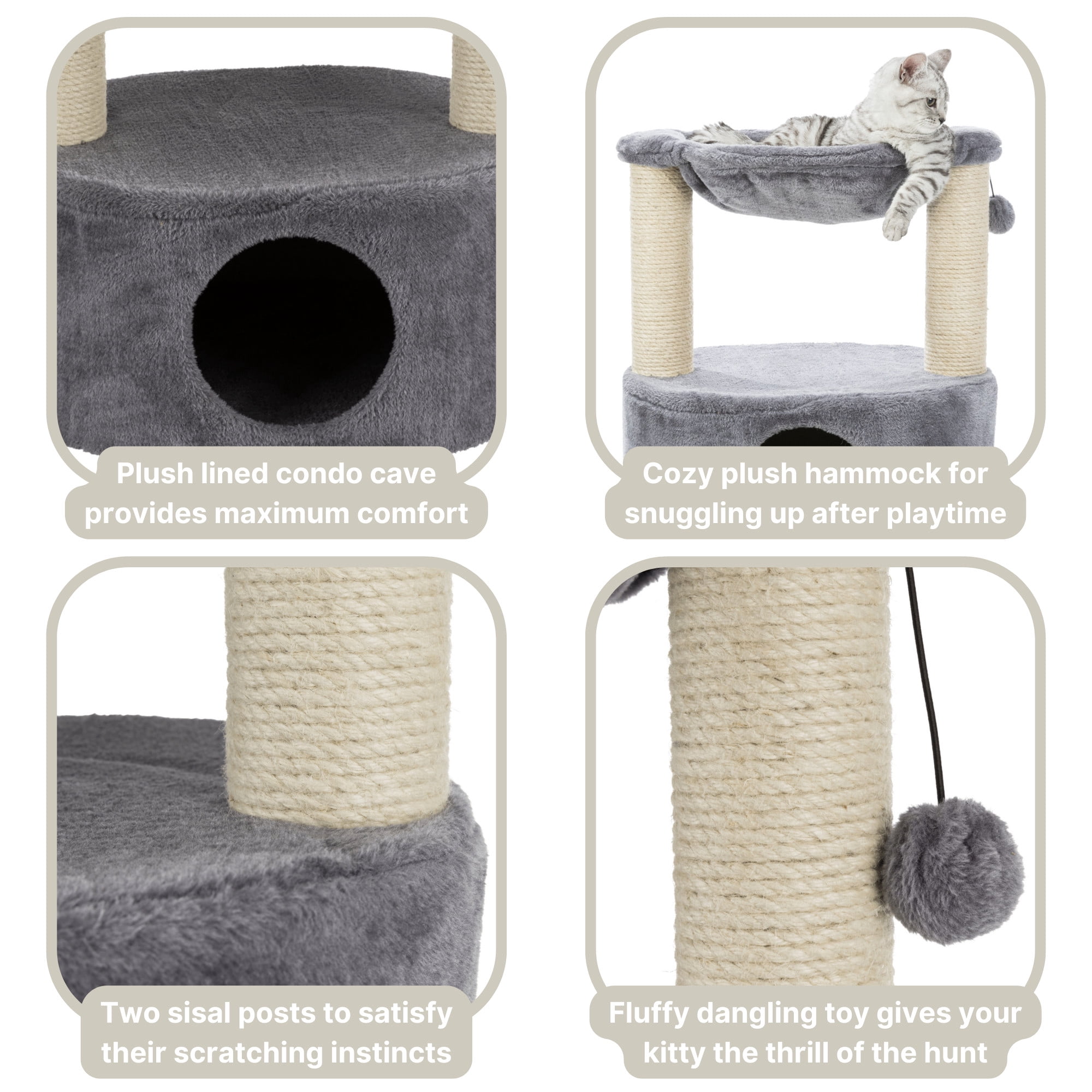 TRIXIE Baza Grande Plush & Sisal 24" Cat Tree, Cat Condo and Hammock, Cat Toy, Gray