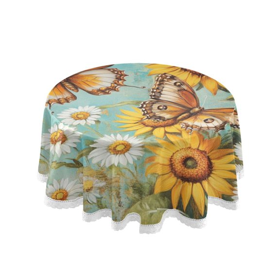 Round Single Sided Printed Tablecloth, 60 Inch Polyester Round Table Cover with White Lace Trim, Wrinkle Resistant Decorative Table Cloth for Home Lovely Yellow Butterfly