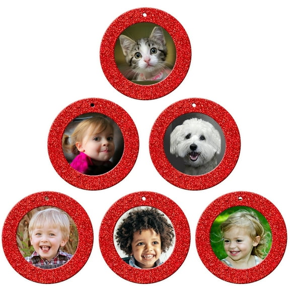 Mini Magnetic Glitter Christmas Picture Frame Ornaments with Photo Protectors, 6-Pack, Round-Red