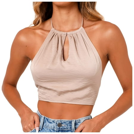

CYMMPU Women Clothing Women s Cropped Tank Sexy Bustier Slim Fit Crop Tops Sleeveless Streetwear Round Neck Tank Summer Shirts Cami Solid Khaki