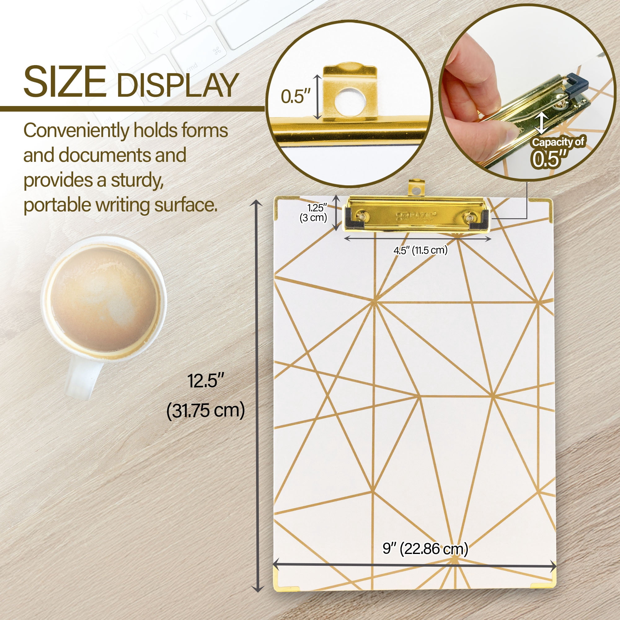BAZIC Paperboard Clipboard Standard Size Geometric Gold Low Profile Clip, 4-Pack