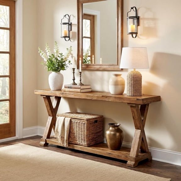 Finmind 63" Solid Wood Console Table, Farmhouse 2-Tier Narrow Entryway Sofa Table for Living Room, Hallway, Rustic Brown