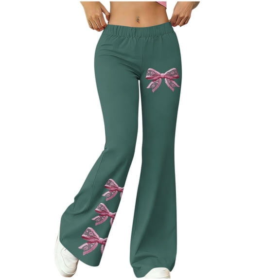 Inleife Women's Teal Bow Army Creen Flare Pants Fashion Ladies High Elastic Waist Yoga & Casual Wide Leg Trousers